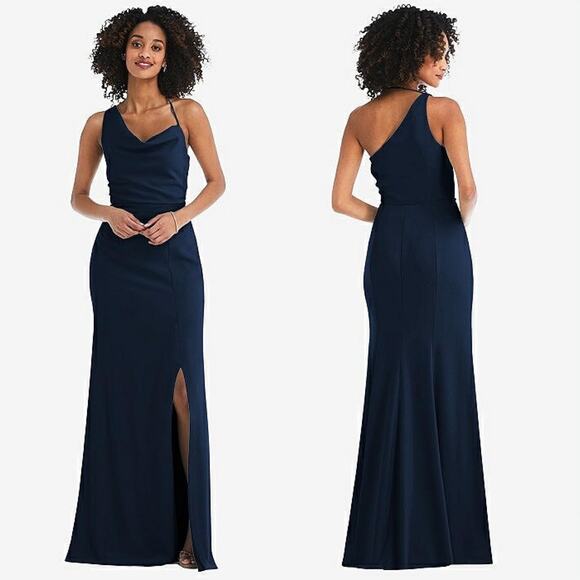 NWT AFTER SIX ONE-SHOULDER DRAPED COWL-NECK MAXI DRESS style 6849 midnight 10 - Picture 1 of 8